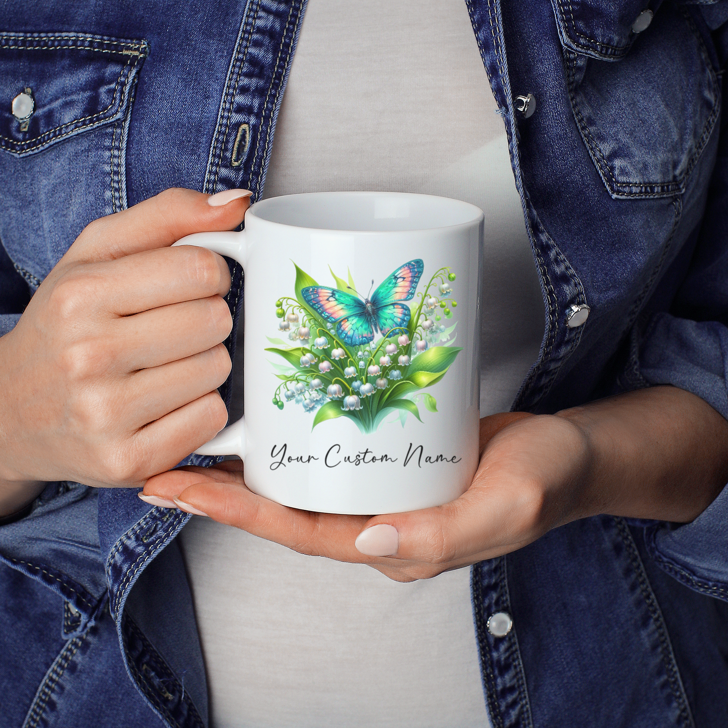 Personalized Lily of the Valley Butterfly Mug – Custom 11oz Butterfly Design – Perfect for Women – Microwave & Dishwasher Safe – Multiple Colors