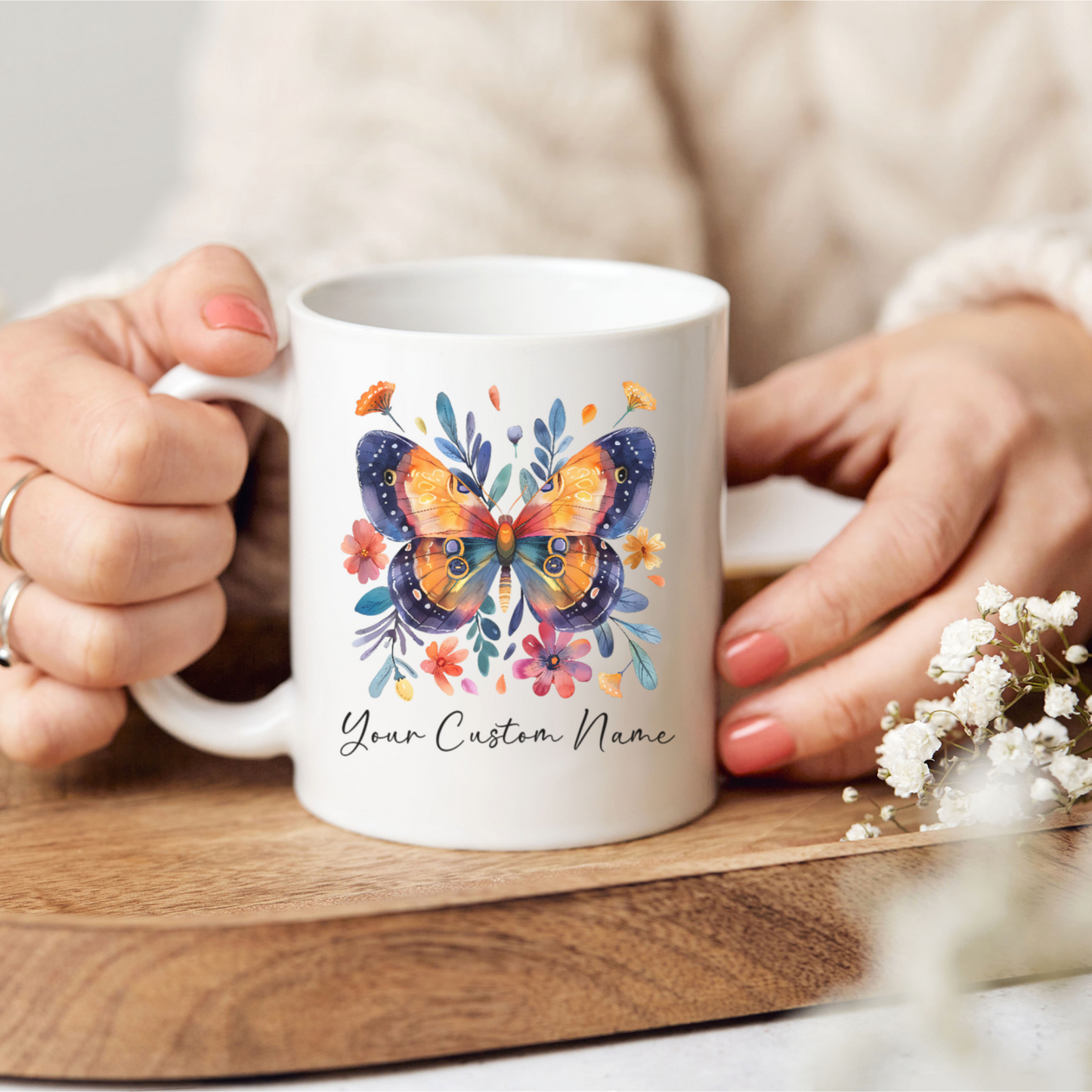 Personalized Butterfly Coffee Mug - Custom Floral Design - Unique Gifts for Women - 11oz Ceramic Cup - Multiple Colors Available