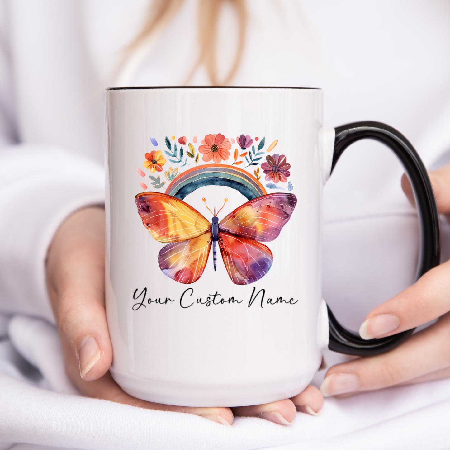 Custom Butterfly Coffee Mug with Rainbow Design - Personalized Floral Mug for Women - Unique Nature Lover Gift - 11oz Ceramic Cup