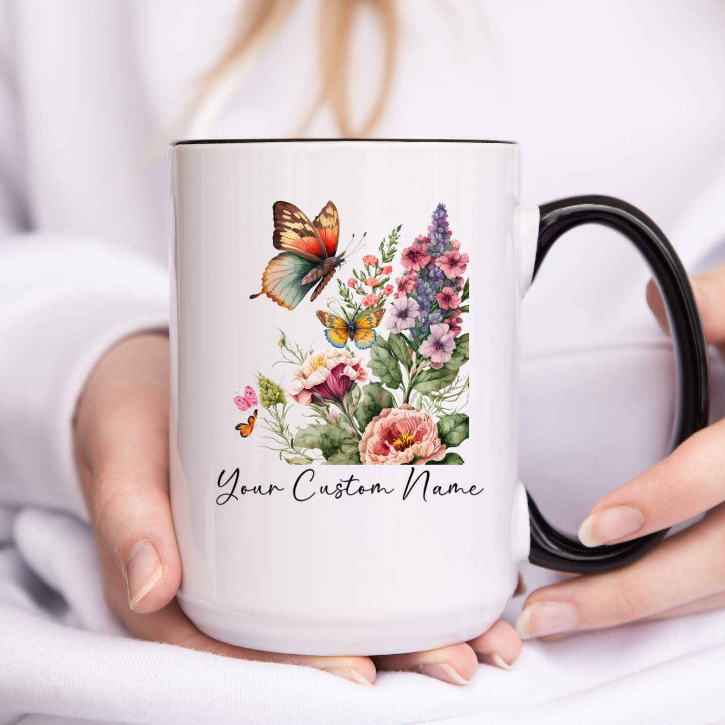 Personalized Botanical Butterfly Mug – Custom 11oz Floral Design – Butterfly Lover gft for Women – Microwave & Dishwasher Safe – Multiple Colors