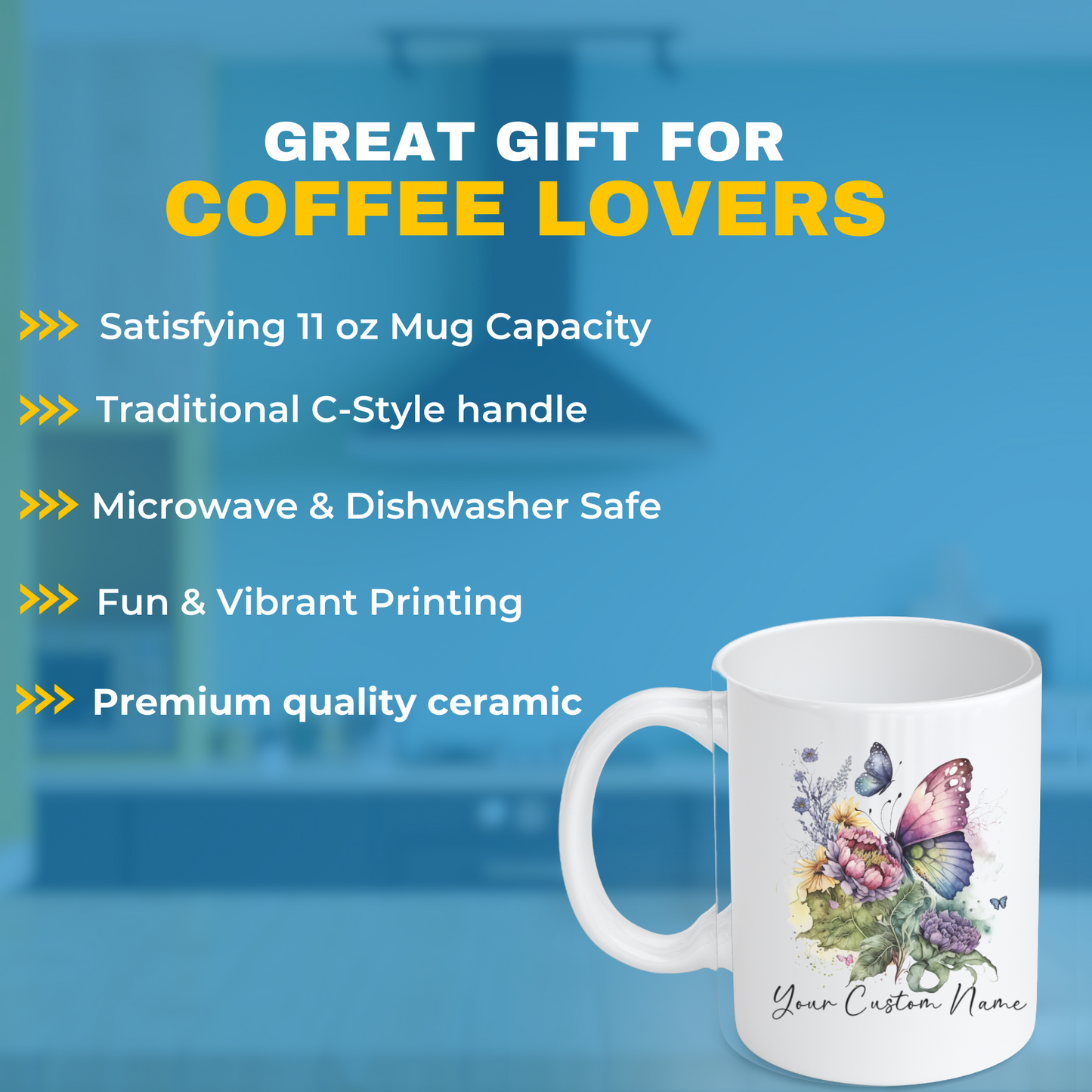 Custom Butterfly Coffee Mug – 11oz Personalized Coffee Mug with Name – Colorful Butterfly & Floral Design – Microwave & Dishwasher Safe