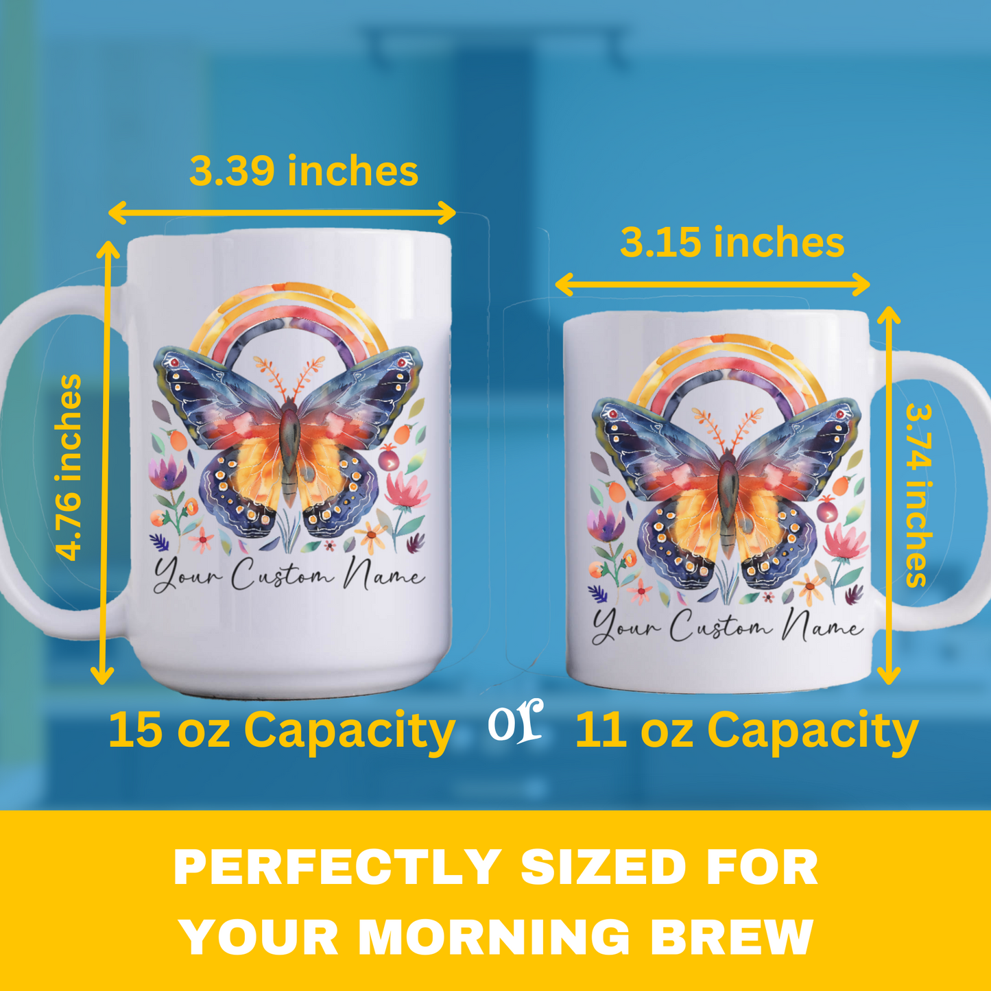 Custom Butterfly Coffee Mug with Rainbow Design - Personalized Floral Mug for Women - Unique Nature Lover Gift - 11oz Ceramic Cup