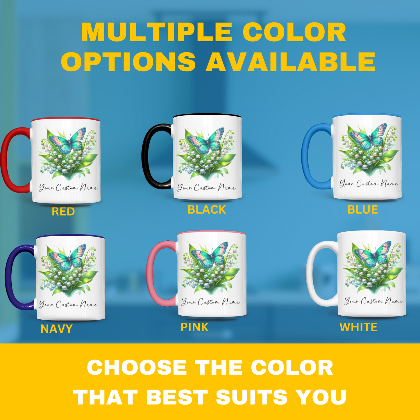 Personalized Lily of the Valley Butterfly Mug – Custom 11oz Butterfly Design – Perfect for Women – Microwave & Dishwasher Safe – Multiple Colors