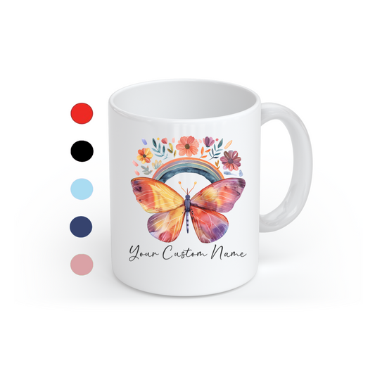 Custom Butterfly Coffee Mug with Rainbow Design - Personalized Floral Mug for Women - Unique Nature Lover Gift - 11oz Ceramic Cup