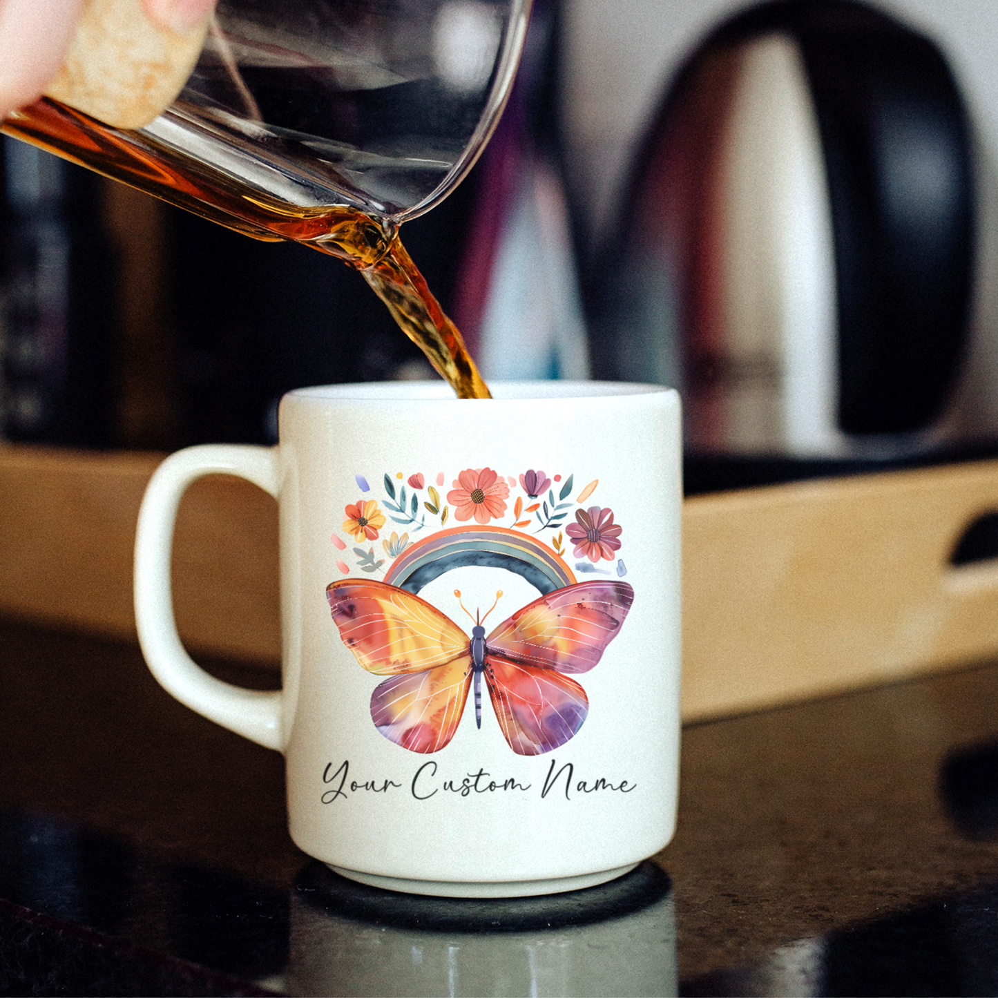 Custom Butterfly Coffee Mug with Rainbow Design - Personalized Floral Mug for Women - Unique Nature Lover Gift - 11oz Ceramic Cup