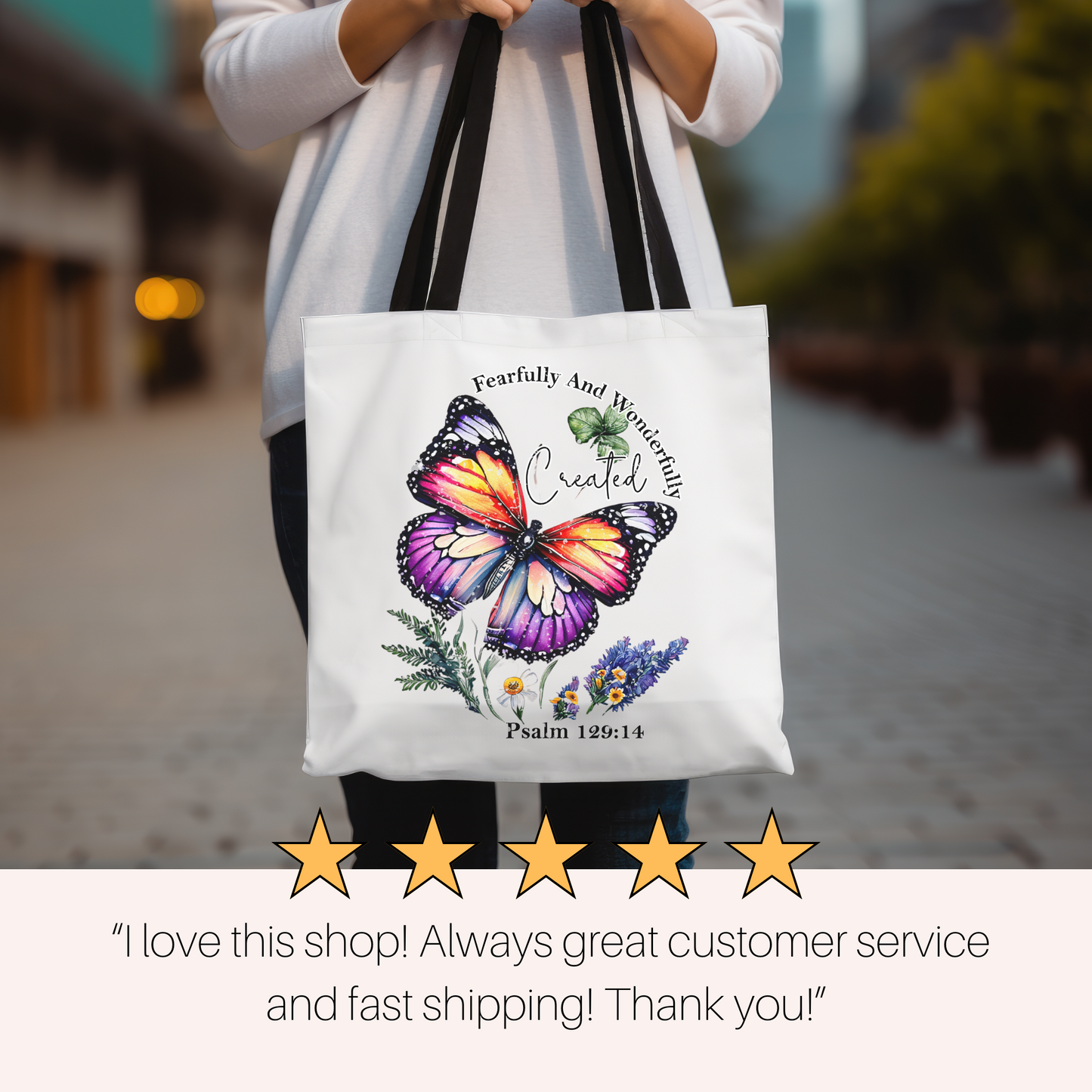 Butterfly Scripture Gift, Christian Tote Bag, Church Bag, Everyday Cute Tote Bag, Reusable Bag Gift for Christian Mom Sister Friend, Religious Gift