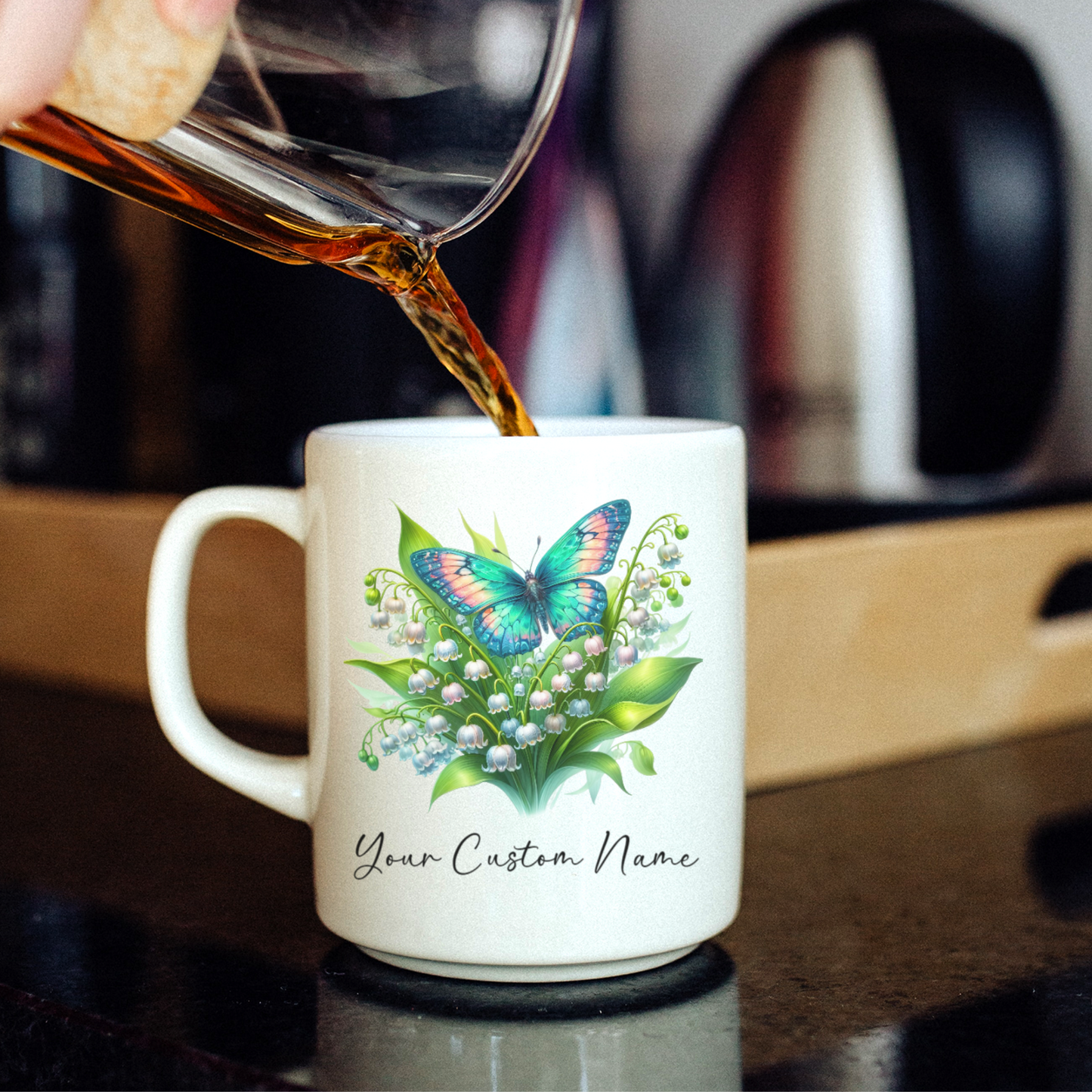 Personalized Lily of the Valley Butterfly Mug – Custom 11oz Butterfly Design – Perfect for Women – Microwave & Dishwasher Safe – Multiple Colors