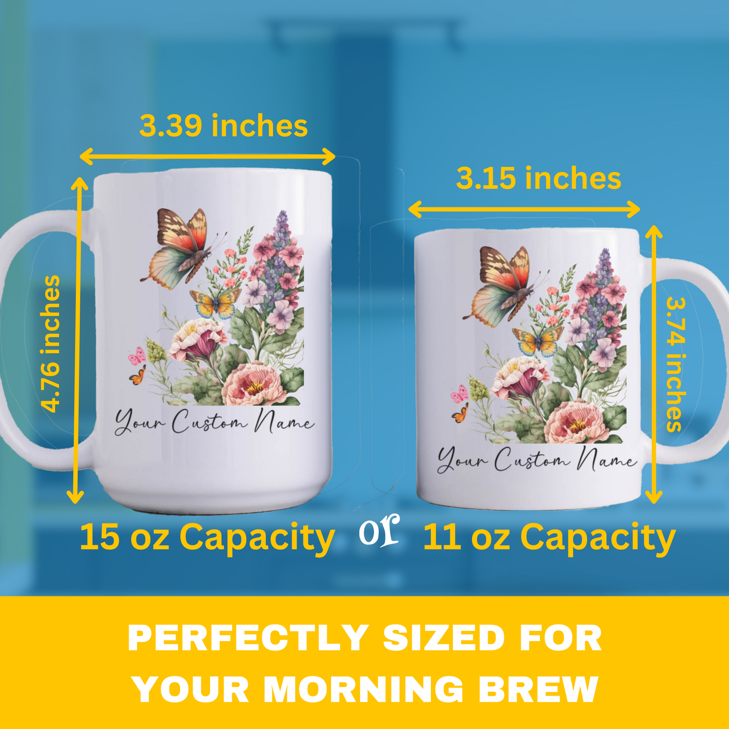 Personalized Botanical Butterfly Mug – Custom 11oz Floral Design – Butterfly Lover gft for Women – Microwave & Dishwasher Safe – Multiple Colors