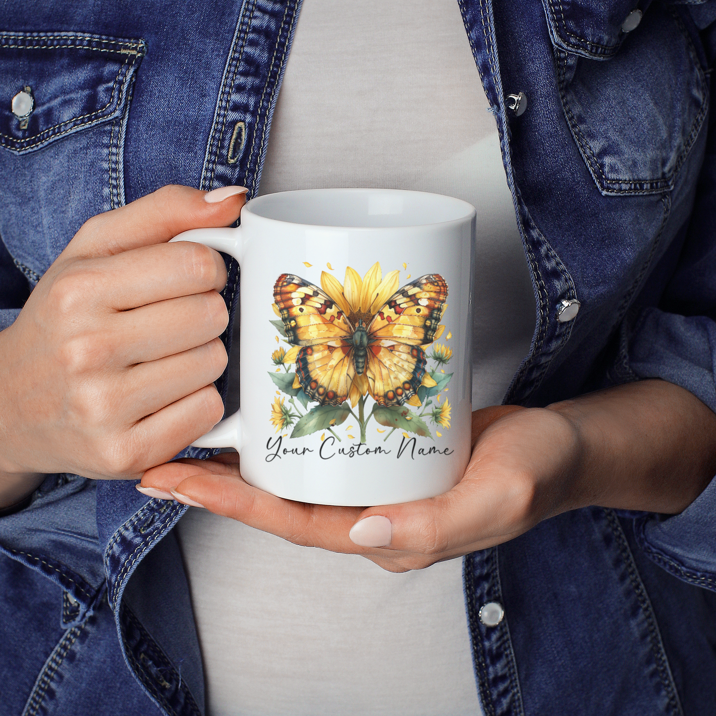 Personalized Sunflower Butterfly Mug – Custom 11oz Butterfly Design – Perfect for Women – Microwave & Dishwasher Safe – Multiple Colors