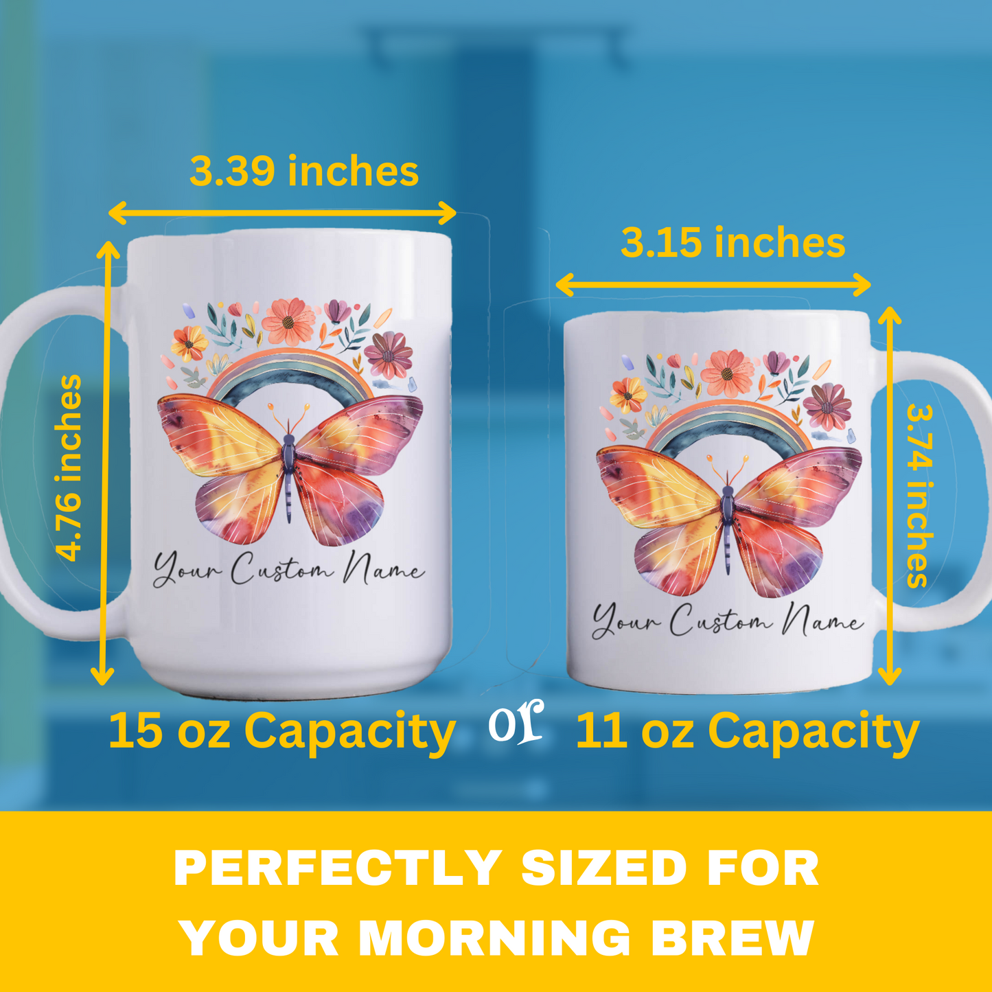 Custom Butterfly Coffee Mug with Rainbow Design - Personalized Floral Mug for Women - Unique Nature Lover Gift - 11oz Ceramic Cup