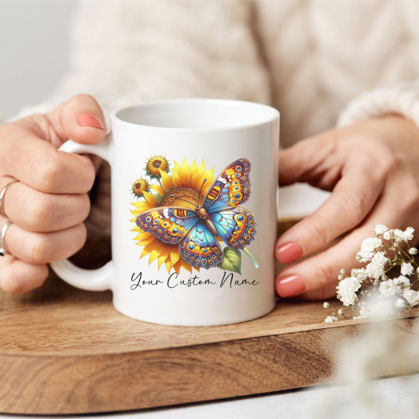 Personalized Sunflower Butterfly Mug – Custom 11oz Butterfly Design – Perfect for Women – Microwave & Dishwasher Safe – Multiple Colors