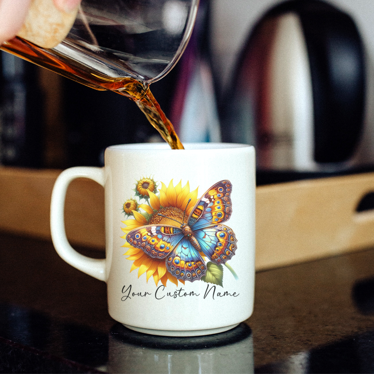 Personalized Sunflower Butterfly Mug – Custom 11oz Butterfly Design – Perfect for Women – Microwave & Dishwasher Safe – Multiple Colors