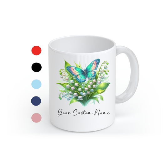 Personalized Lily of the Valley Butterfly Mug – Custom 11oz Butterfly Design – Perfect for Women – Microwave & Dishwasher Safe – Multiple Colors