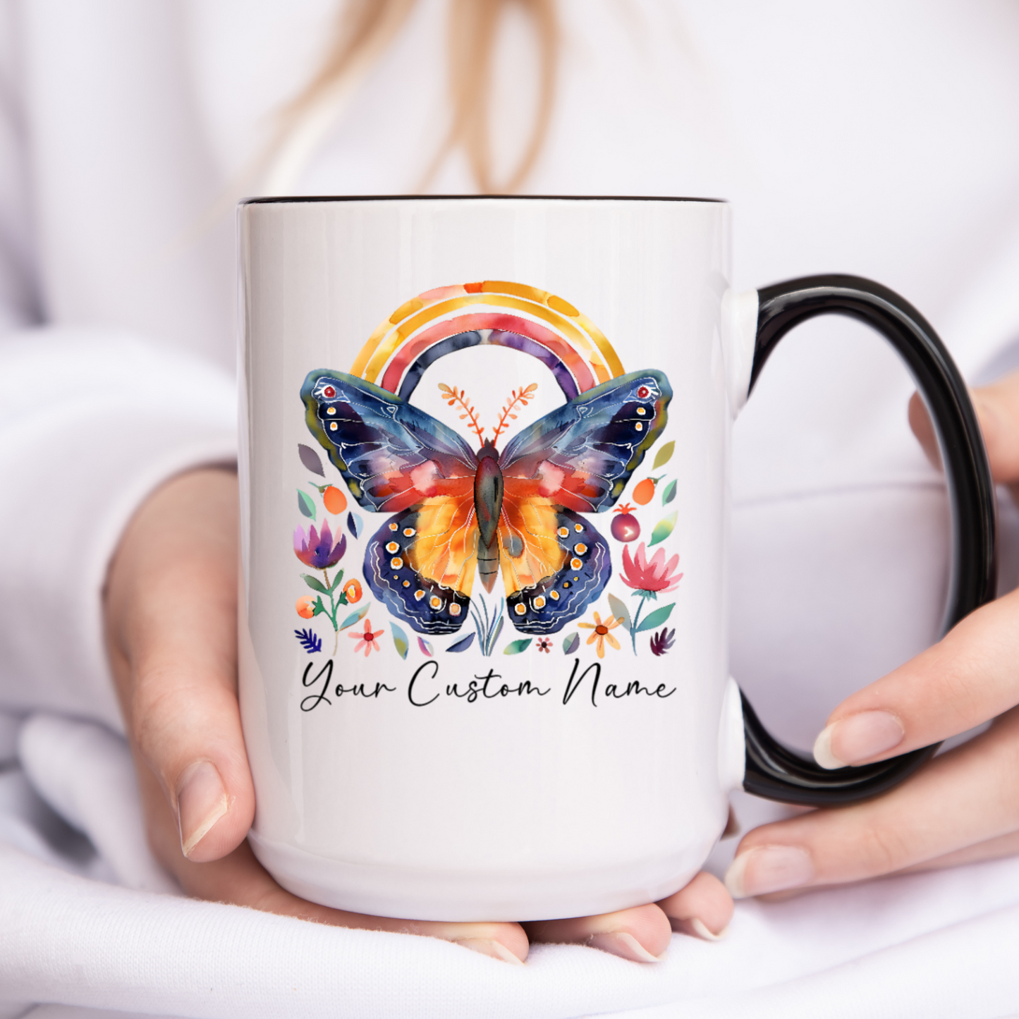 Custom Butterfly Coffee Mug with Rainbow Design - Personalized Floral Mug for Women - Unique Nature Lover Gift - 11oz Ceramic Cup