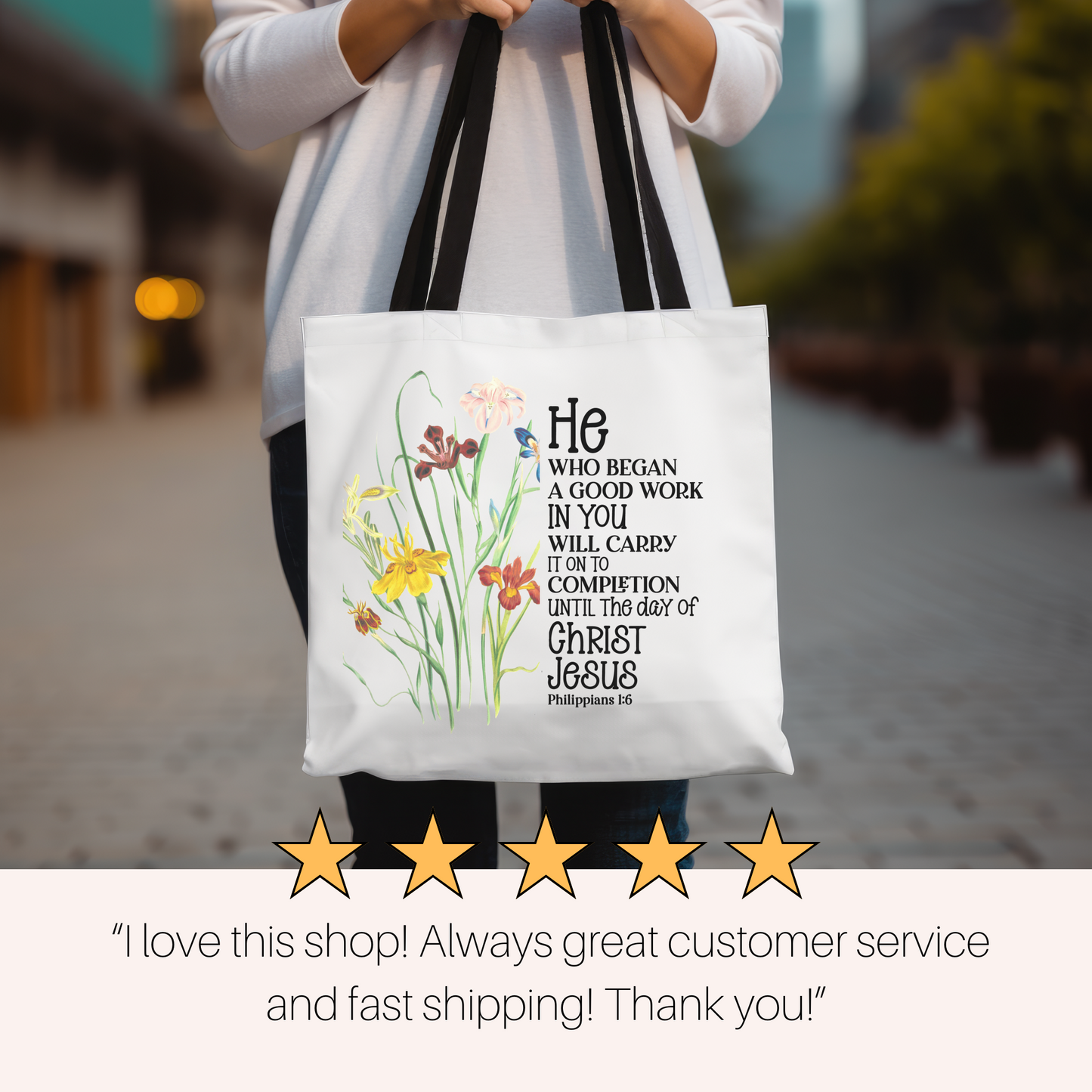 Floral Tote Bag, Scripture Gift, Christian Tote Bag, Church Bag, Everyday Cute Tote Bag, Reusable Bag Gift for Christian Mom Sister Friend