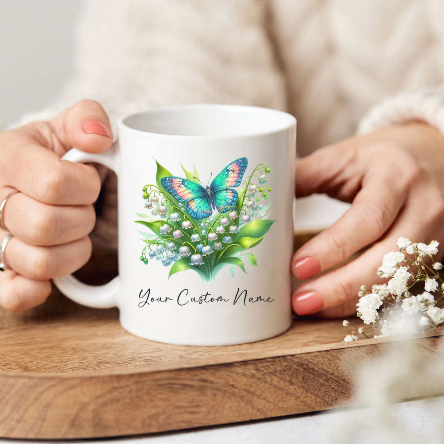 Personalized Lily of the Valley Butterfly Mug – Custom 11oz Butterfly Design – Perfect for Women – Microwave & Dishwasher Safe – Multiple Colors