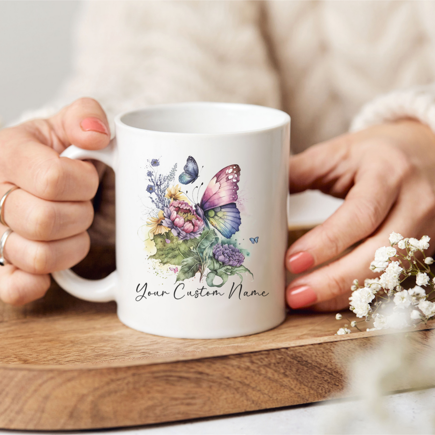 Custom Butterfly Coffee Mug – 11oz Personalized Coffee Mug with Name – Colorful Butterfly & Floral Design – Microwave & Dishwasher Safe