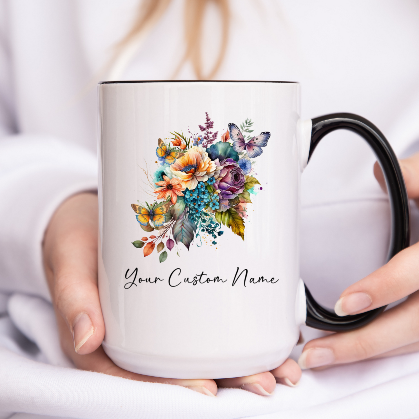 Personalized Butterfly Coffee Cup - Custom Name Coffee Mug - Personalized Gift - Bitterfly Lover Gifts, Butterflies, Flowers