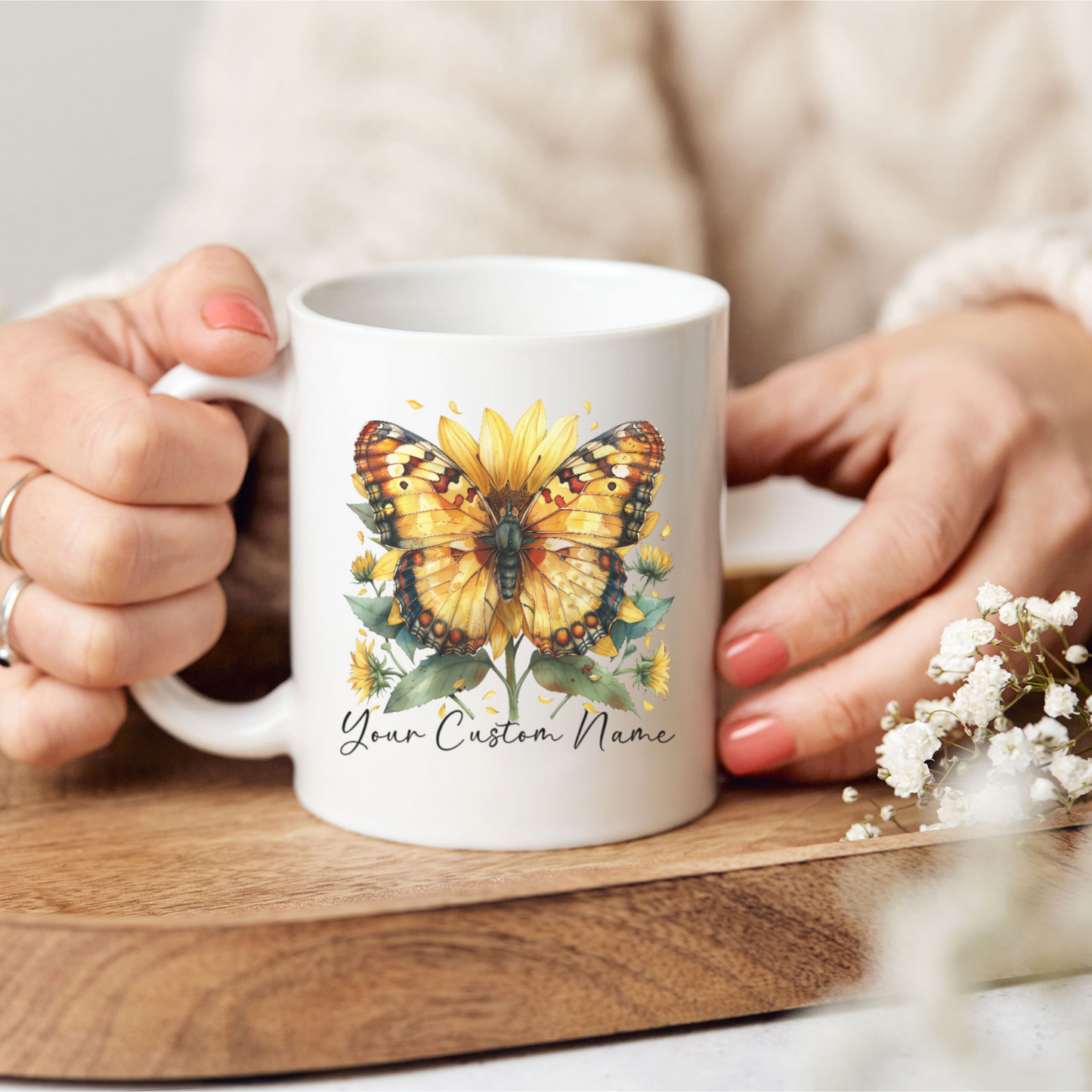 Personalized Sunflower Butterfly Mug – Custom 11oz Butterfly Design – Perfect for Women – Microwave & Dishwasher Safe – Multiple Colors