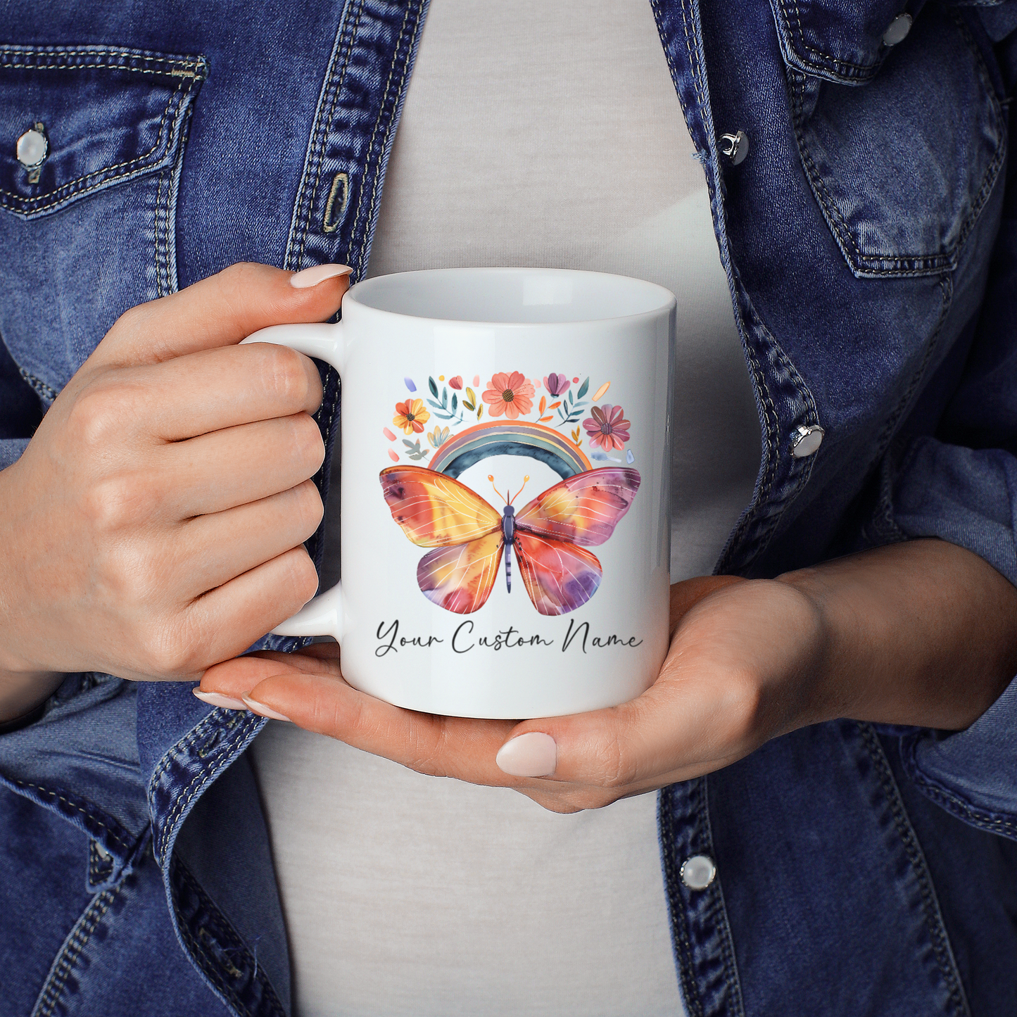 Custom Butterfly Coffee Mug with Rainbow Design - Personalized Floral Mug for Women - Unique Nature Lover Gift - 11oz Ceramic Cup