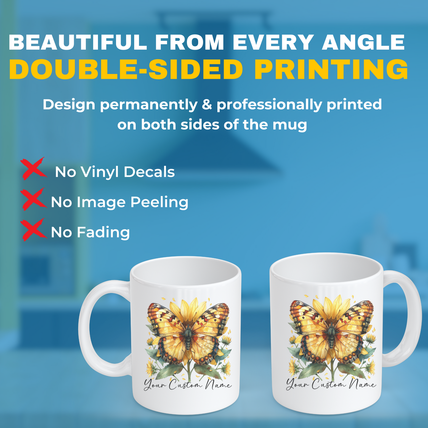 Personalized Sunflower Butterfly Mug – Custom 11oz Butterfly Design – Perfect for Women – Microwave & Dishwasher Safe – Multiple Colors