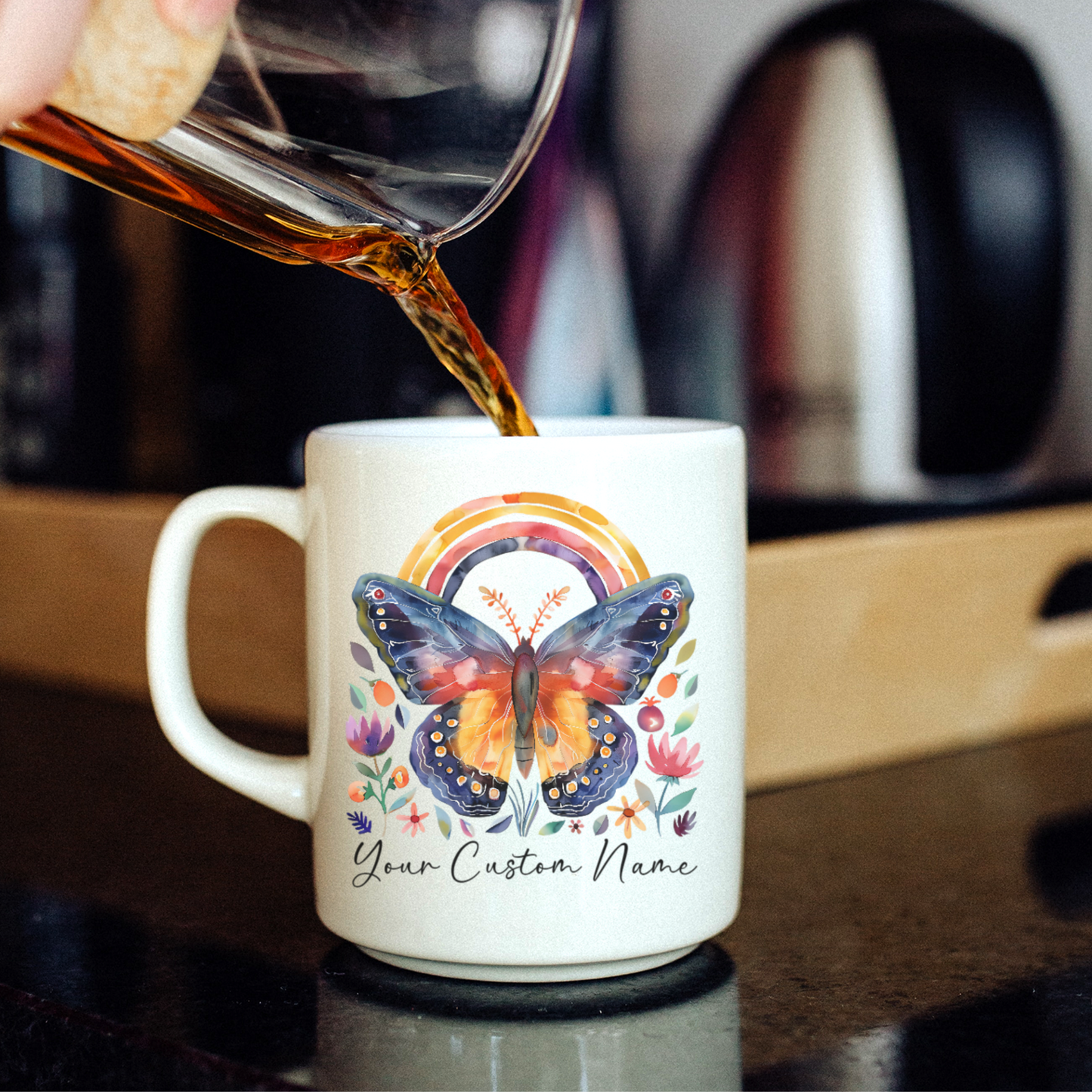 Custom Butterfly Coffee Mug with Rainbow Design - Personalized Floral Mug for Women - Unique Nature Lover Gift - 11oz Ceramic Cup