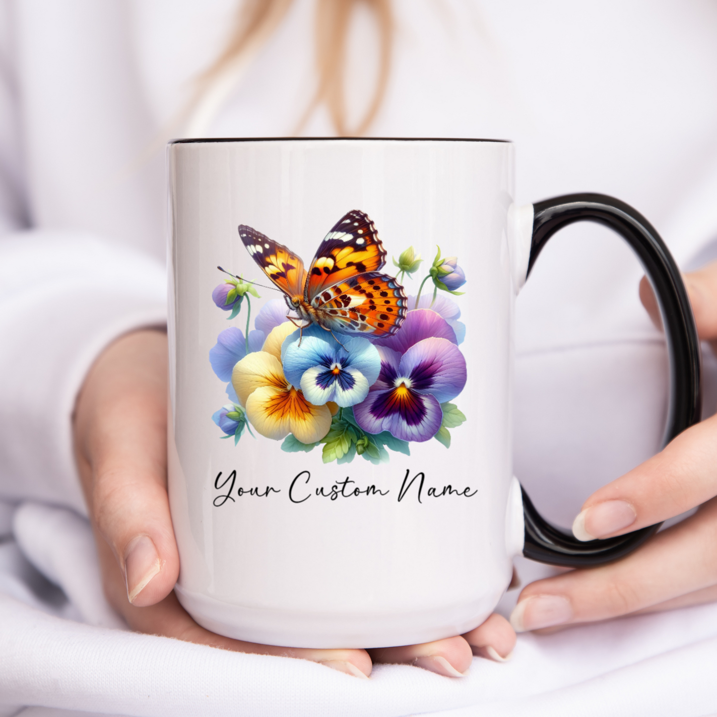 Personalized Pansy Butterfly Mug – Custom 11oz Butterfly Design – Perfect for Women – Microwave & Dishwasher Safe – Multiple Colors