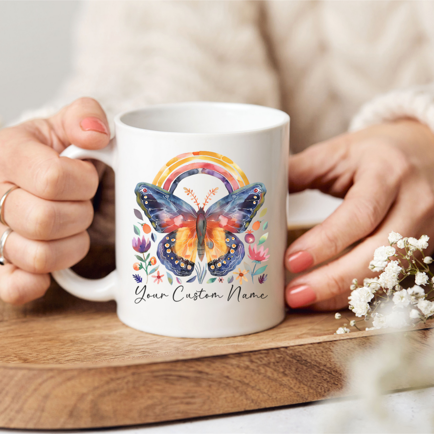 Custom Butterfly Coffee Mug with Rainbow Design - Personalized Floral Mug for Women - Unique Nature Lover Gift - 11oz Ceramic Cup