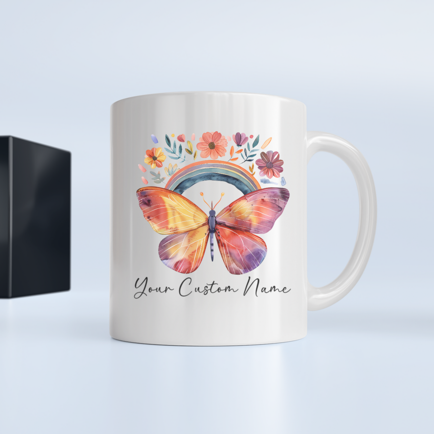 Custom Butterfly Coffee Mug with Rainbow Design - Personalized Floral Mug for Women - Unique Nature Lover Gift - 11oz Ceramic Cup