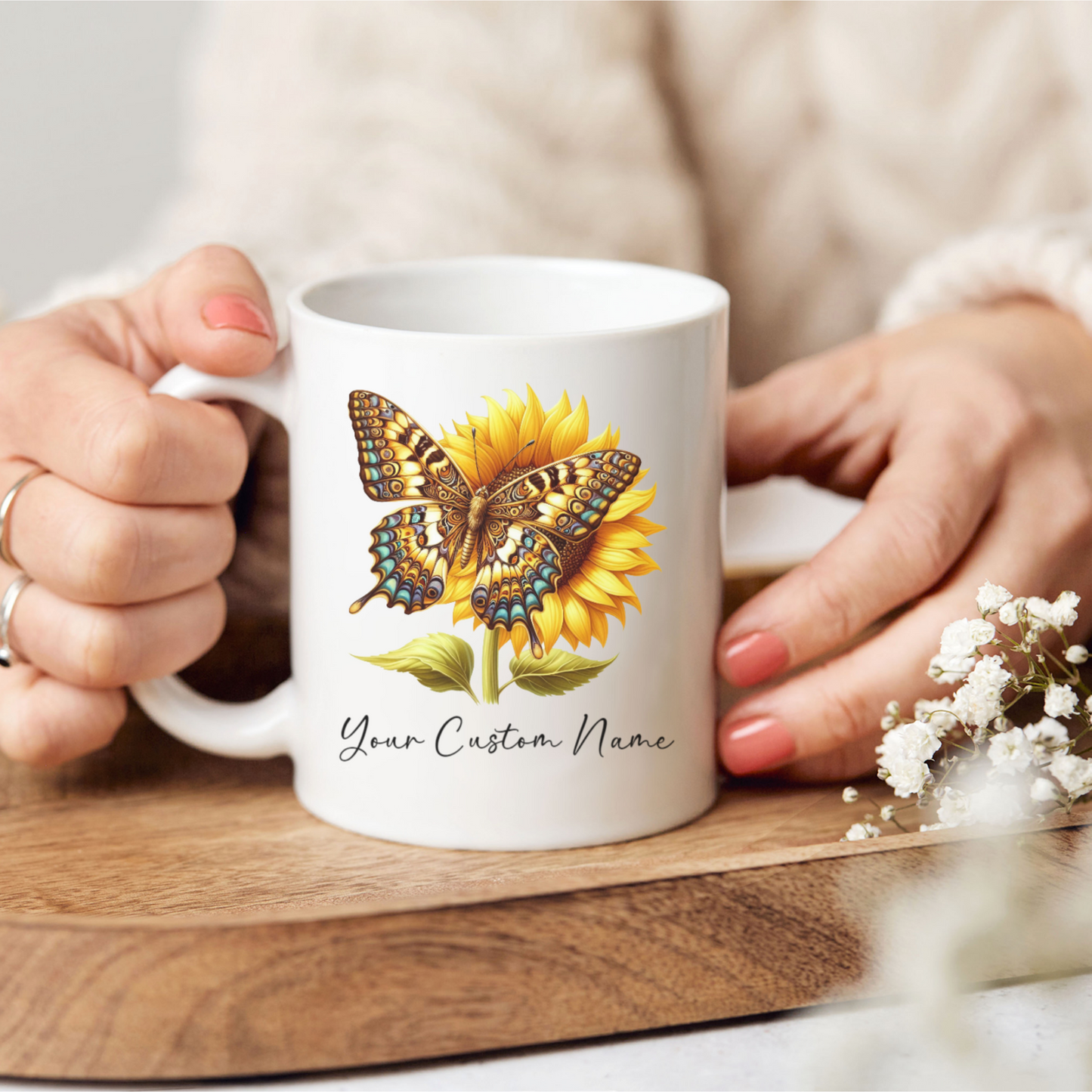 Custom Name Coffee Mug - Personalized Butterfly Coffee Cup - Personalized Sunflower Butterfly Mug  - Butterfly Gift for Women - Butterfly Lover Gifts, Butterflies