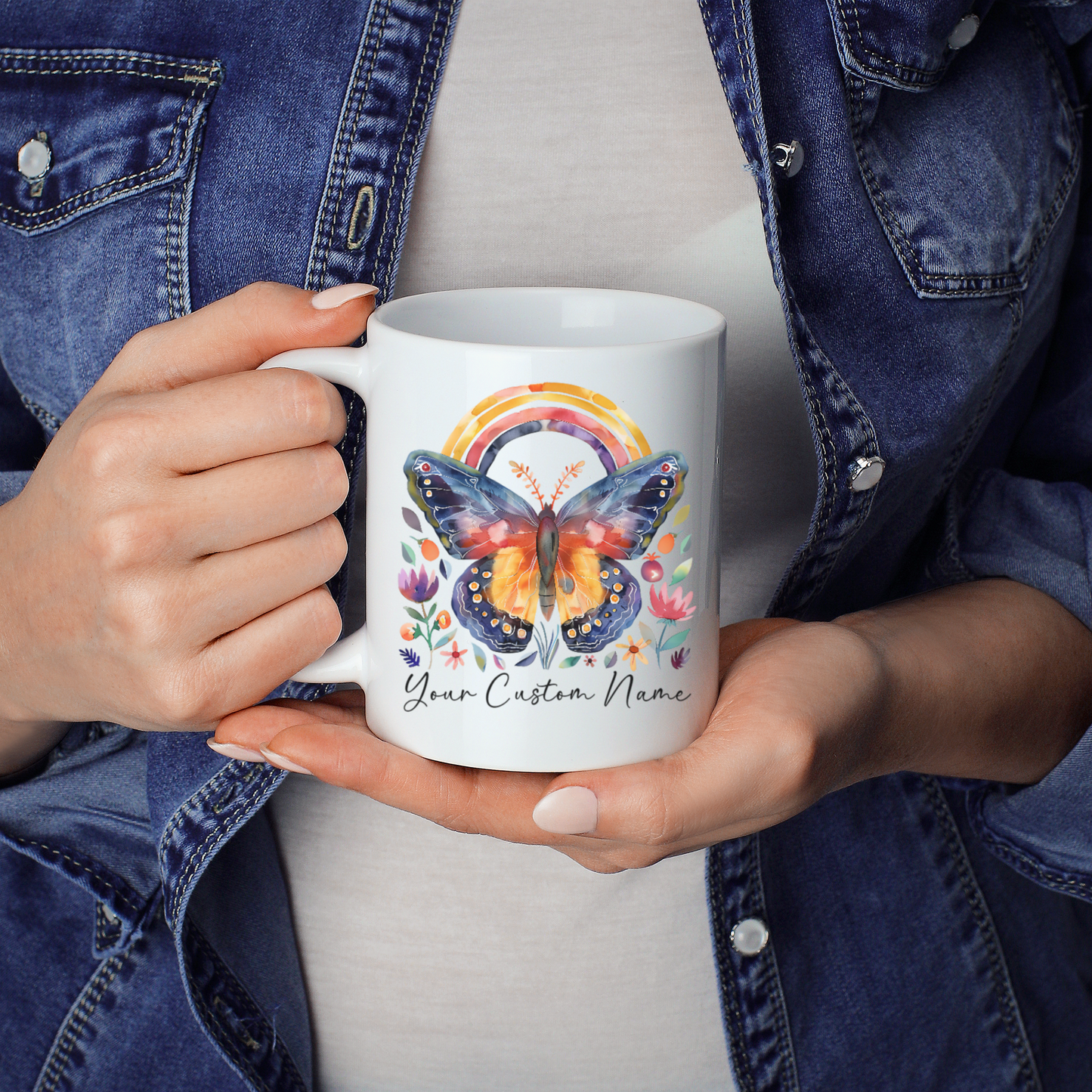 Custom Butterfly Coffee Mug with Rainbow Design - Personalized Floral Mug for Women - Unique Nature Lover Gift - 11oz Ceramic Cup