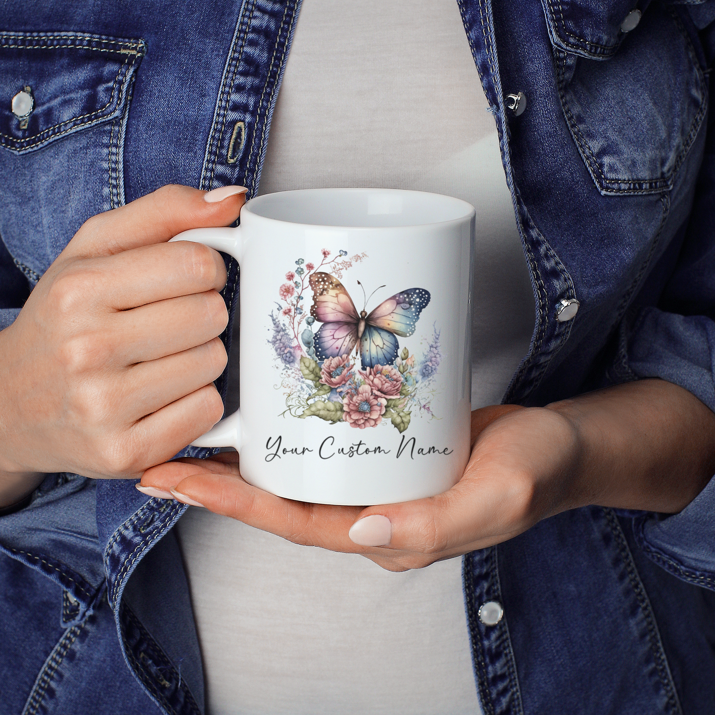 Personalized Pastel Butterfly Mug – 11oz Custom Floral Butterfly Coffee Mug with Name - Butterfly Lover Gift