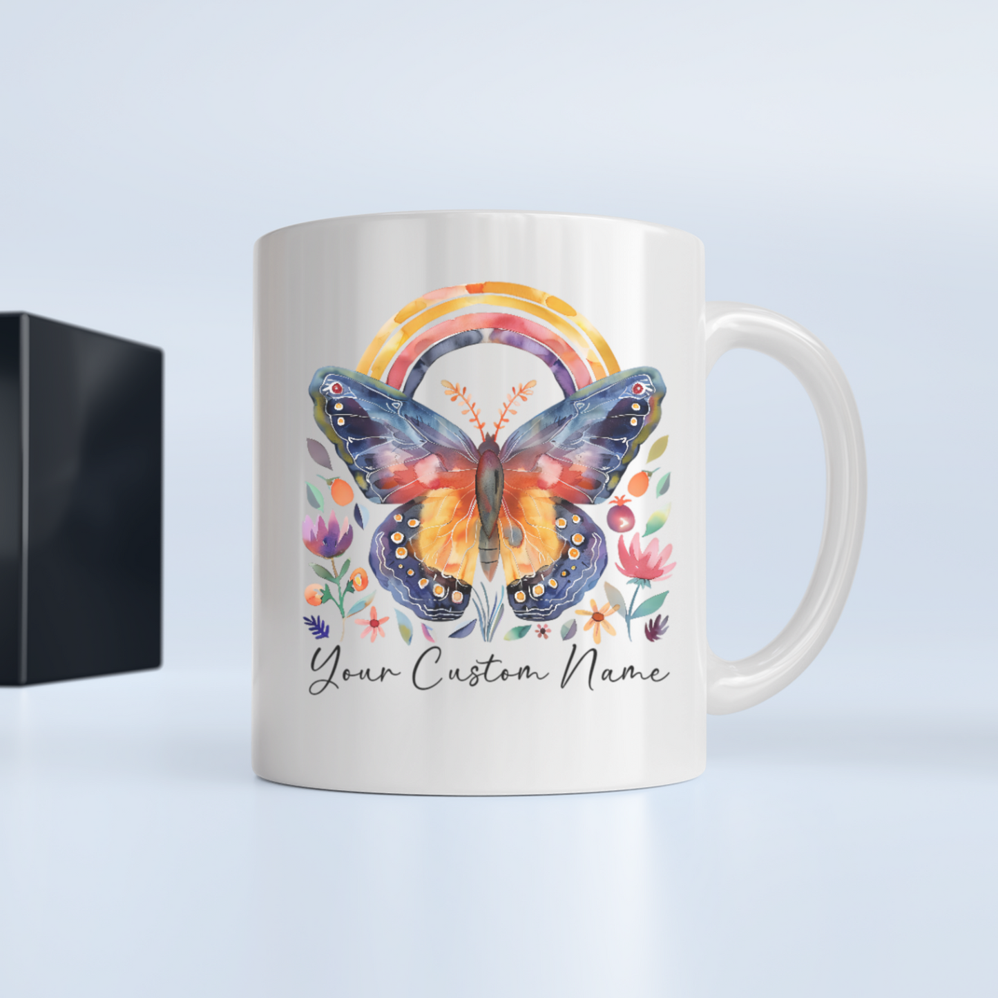 Custom Butterfly Coffee Mug with Rainbow Design - Personalized Floral Mug for Women - Unique Nature Lover Gift - 11oz Ceramic Cup