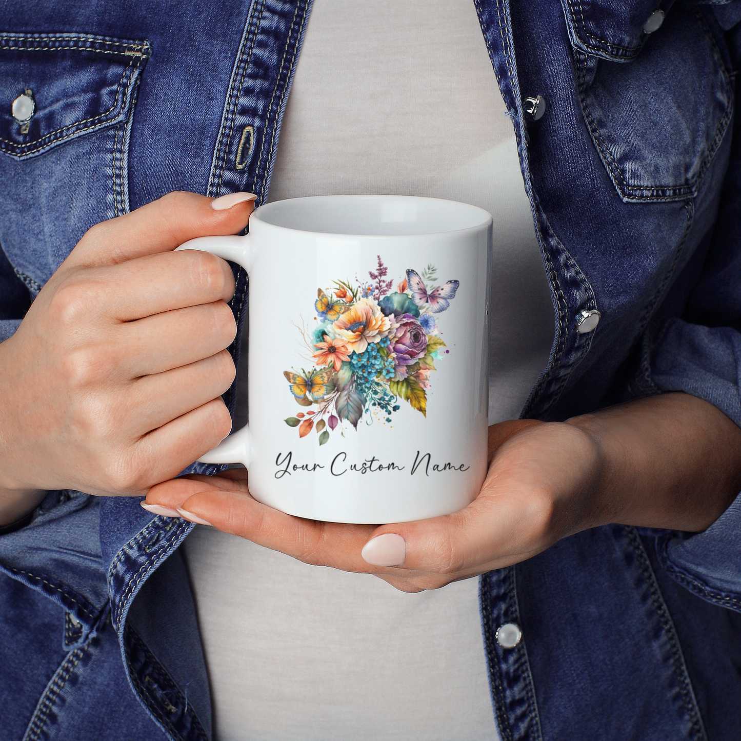 Personalized Butterfly Coffee Cup - Custom Name Coffee Mug - Personalized Gift - Bitterfly Lover Gifts, Butterflies, Flowers