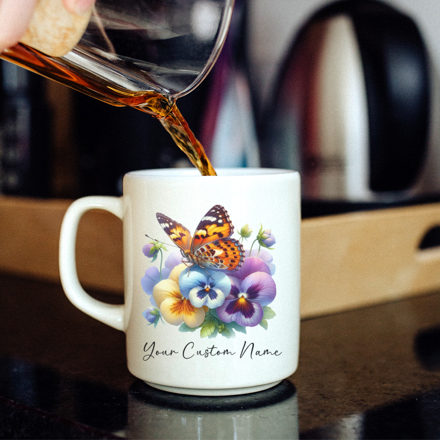 Personalized Pansy Butterfly Mug – Custom 11oz Butterfly Design – Perfect for Women – Microwave & Dishwasher Safe – Multiple Colors