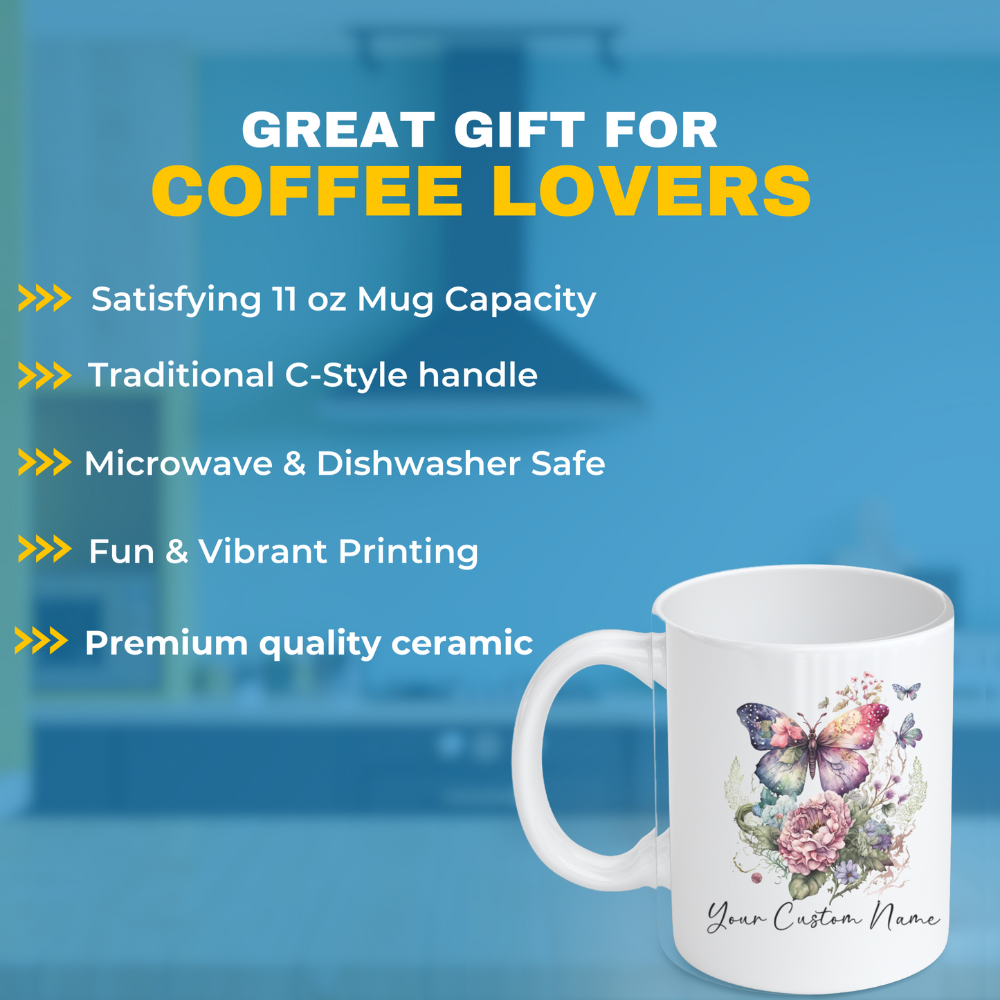 Personalized Floral Butterfly Mug – Custom 11oz Butterfly Design – Gift for Butterfly Lovers Mom Sister Friend - Microwave & Dishwasher Safe