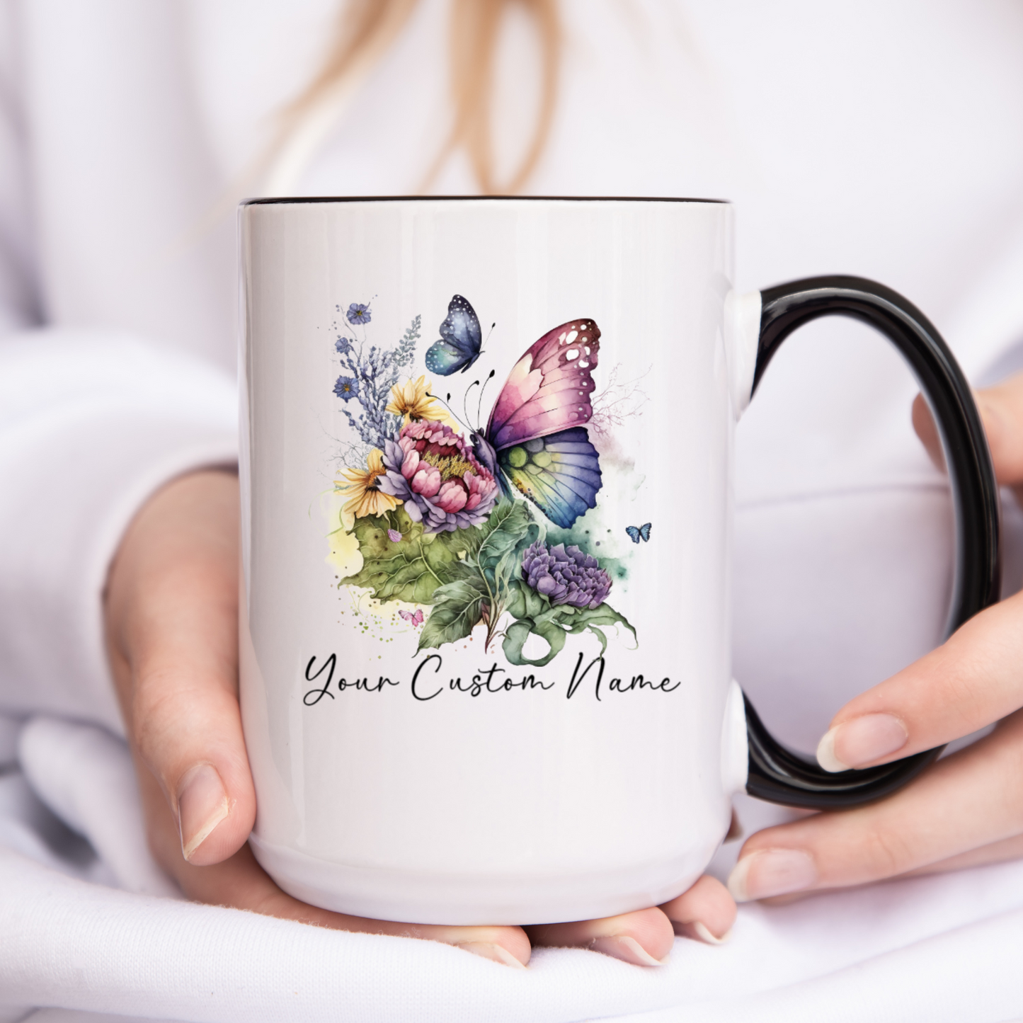 Custom Butterfly Coffee Mug – 11oz Personalized Coffee Mug with Name – Colorful Butterfly & Floral Design – Microwave & Dishwasher Safe