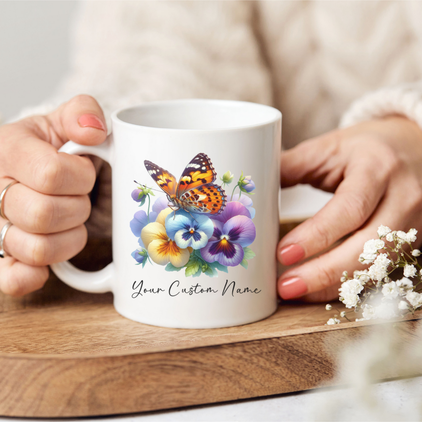 Personalized Pansy Butterfly Mug – Custom 11oz Butterfly Design – Perfect for Women – Microwave & Dishwasher Safe – Multiple Colors