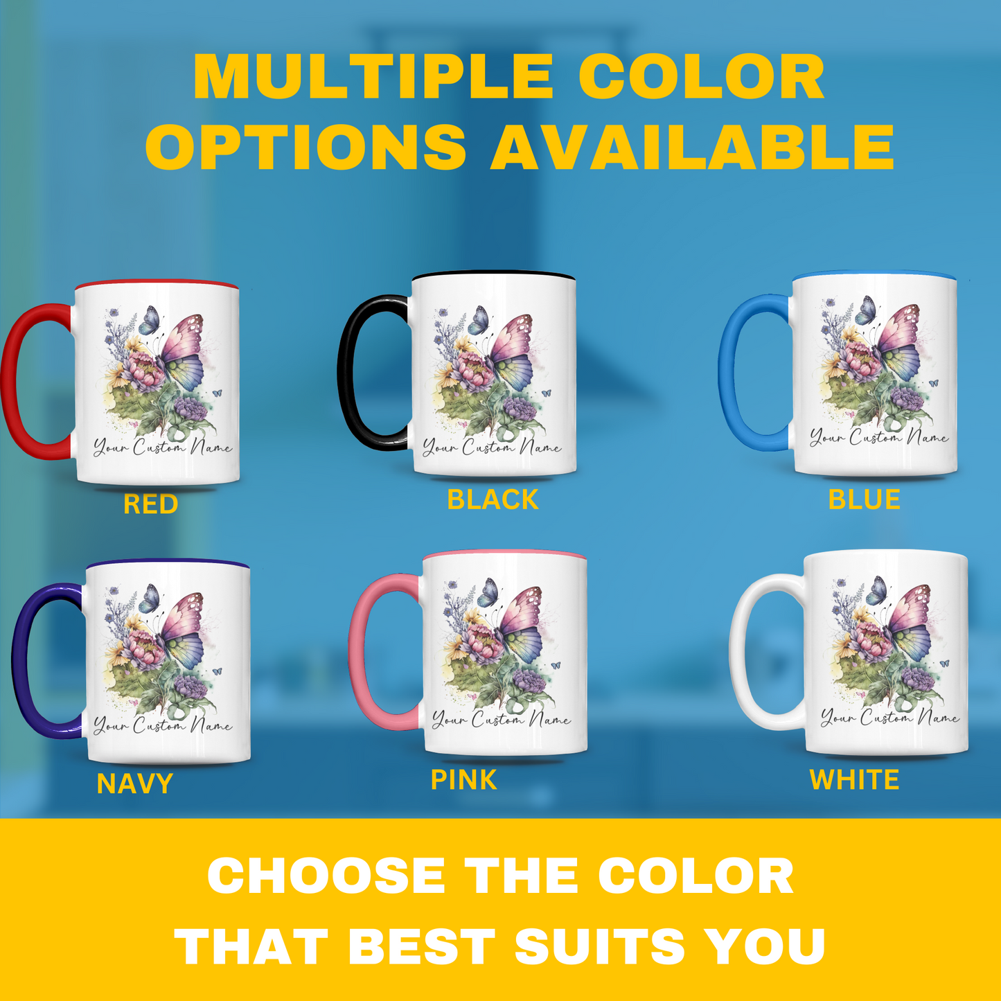 Custom Butterfly Coffee Mug – 11oz Personalized Coffee Mug with Name – Colorful Butterfly & Floral Design – Microwave & Dishwasher Safe