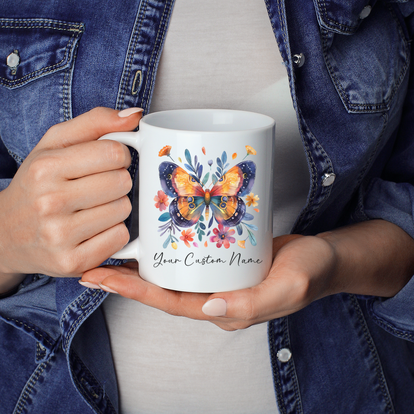 Personalized Butterfly Coffee Mug - Custom Floral Design - Unique Gifts for Women - 11oz Ceramic Cup - Multiple Colors Available