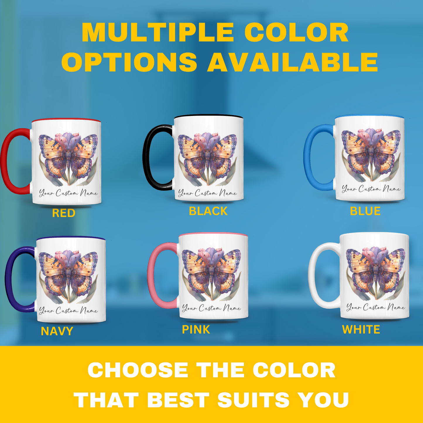 Personalized Vibrant Butterfly Mug – Custom 11oz Butterfly Design – Perfect for Women – Microwave & Dishwasher Safe – Multiple Colors