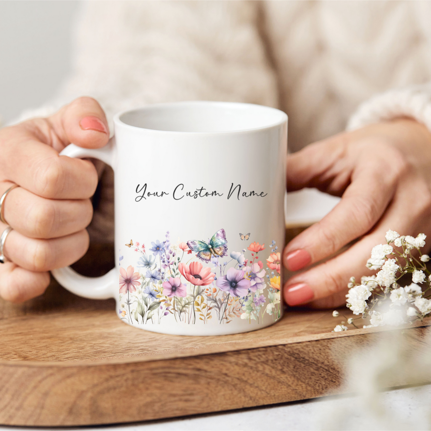 Custom Butterfly Coffee Mug – 11oz Personalized Coffee Mug with Name – Colorful Butterfly & Floral Design Gift for Mom Sister Friend