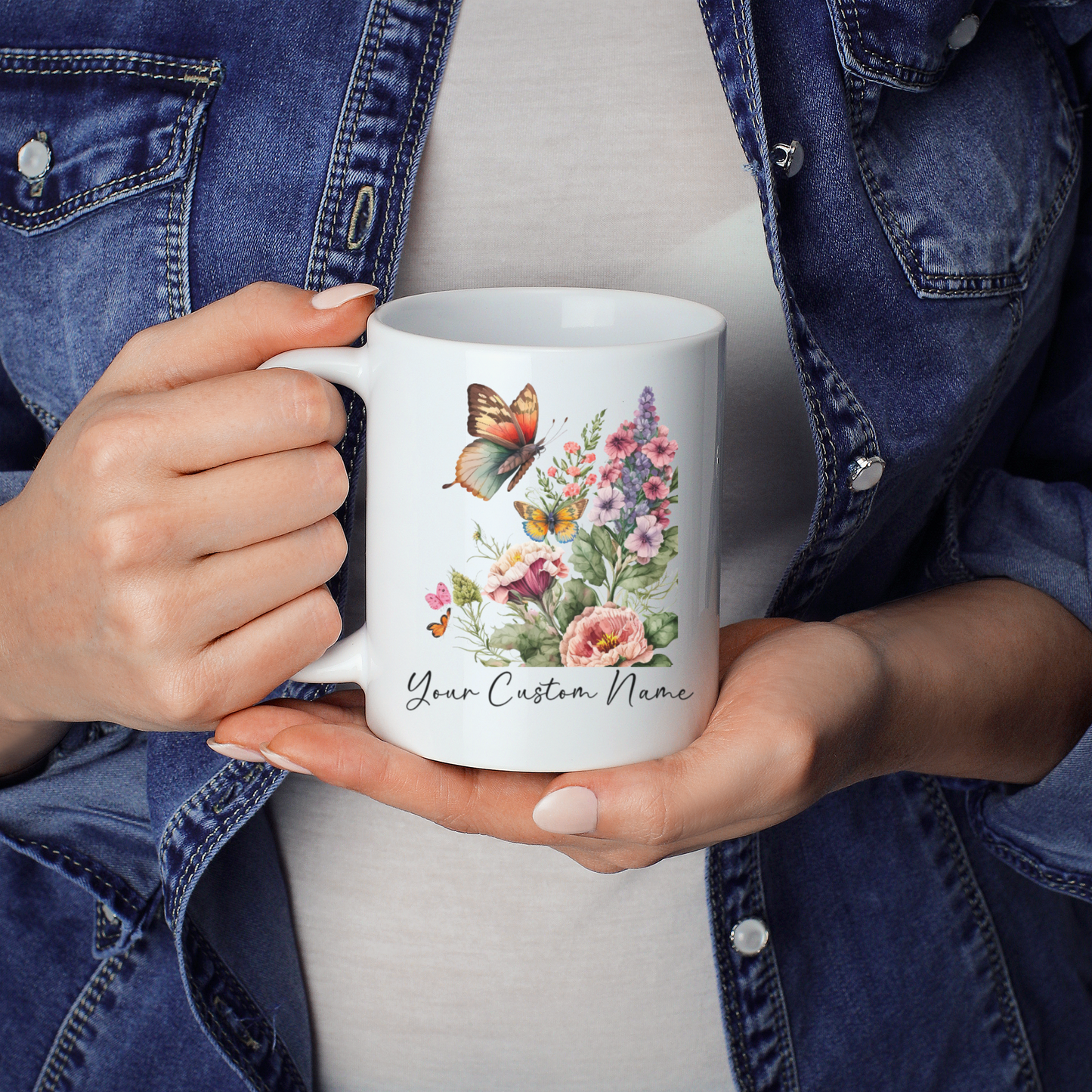 Personalized Botanical Butterfly Mug – Custom 11oz Floral Design – Butterfly Lover gft for Women – Microwave & Dishwasher Safe – Multiple Colors