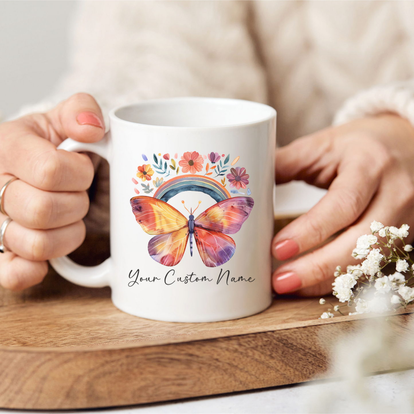 Custom Butterfly Coffee Mug with Rainbow Design - Personalized Floral Mug for Women - Unique Nature Lover Gift - 11oz Ceramic Cup