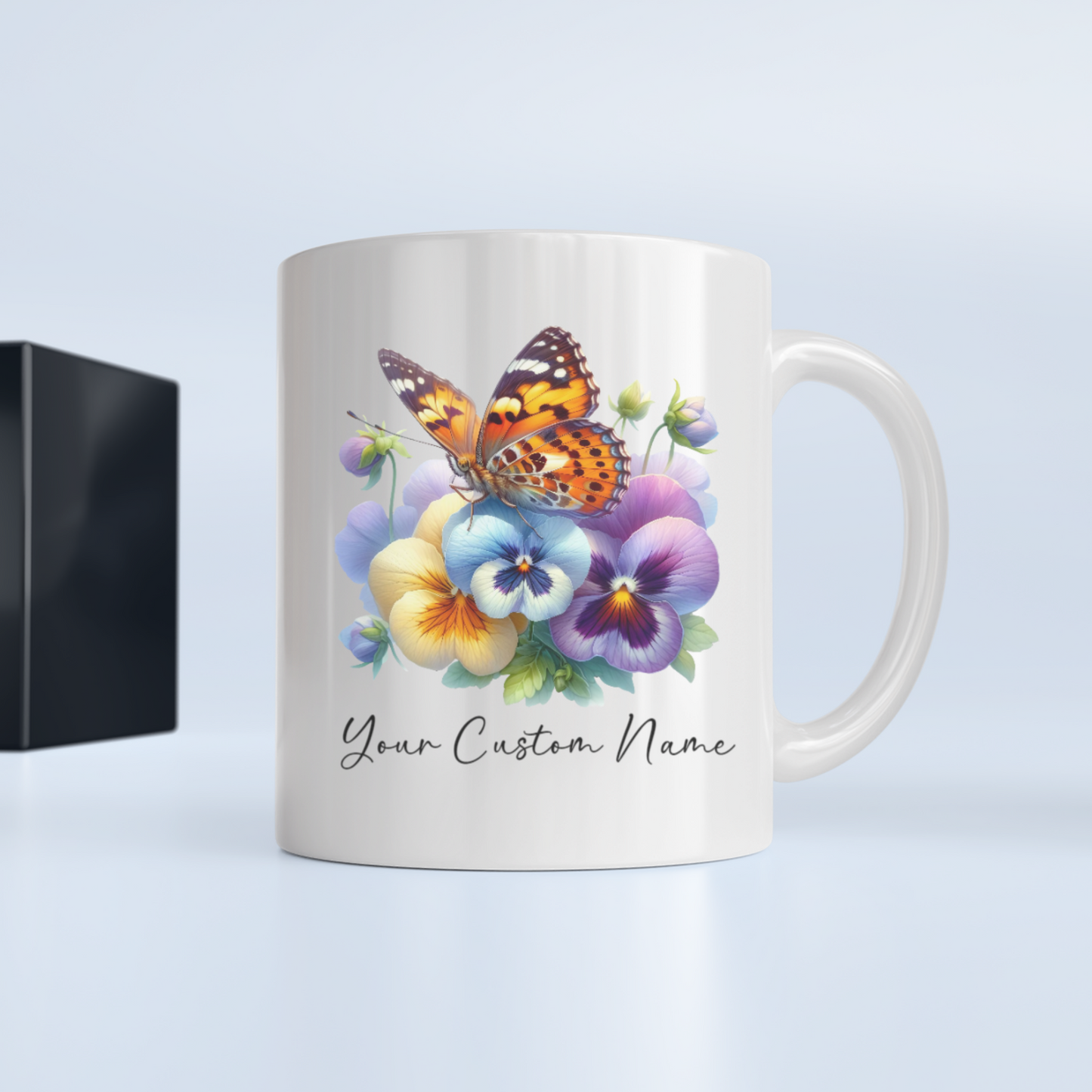 Personalized Pansy Butterfly Mug – Custom 11oz Butterfly Design – Perfect for Women – Microwave & Dishwasher Safe – Multiple Colors