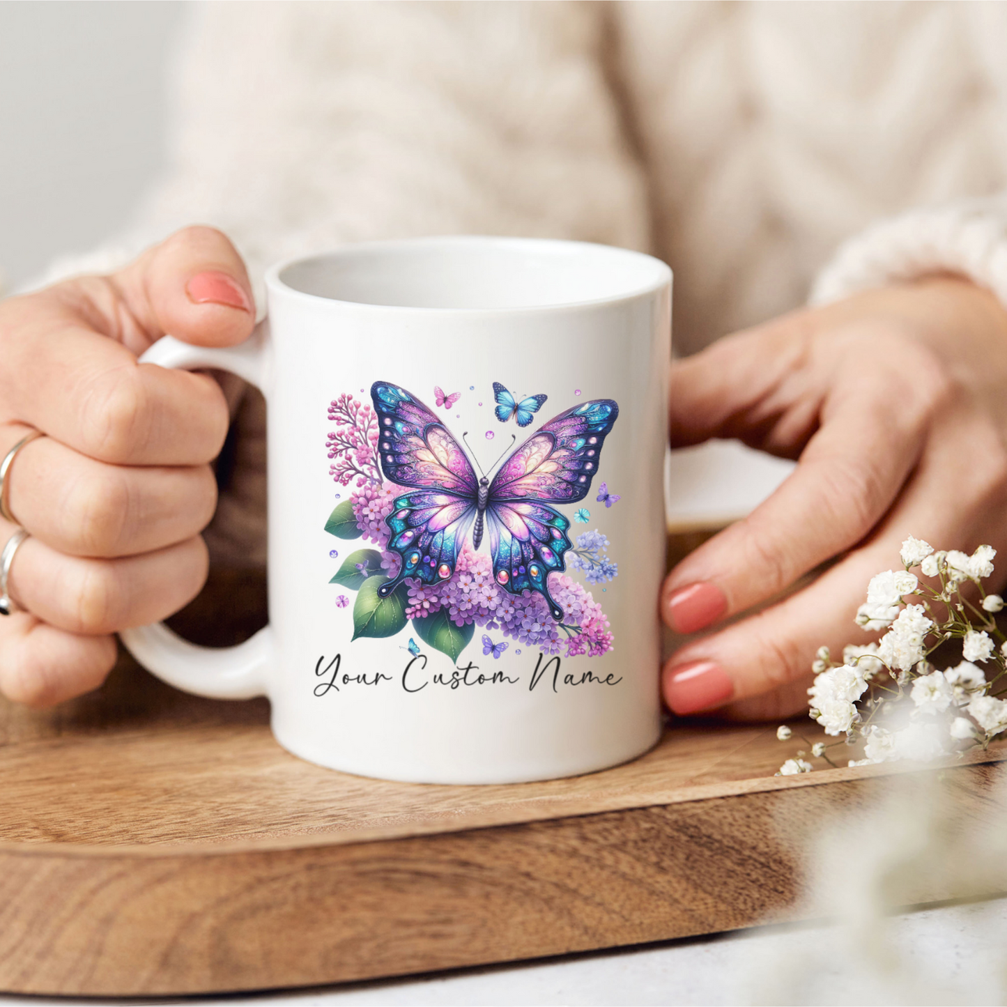 Personalized Lilac Butterfly Mug – Custom 11oz Butterfly Design – Perfect for Women – Microwave & Dishwasher Safe – Multiple Colors