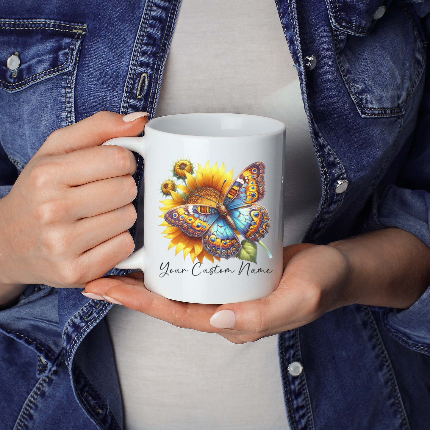 Personalized Sunflower Butterfly Mug – Custom 11oz Butterfly Design – Perfect for Women – Microwave & Dishwasher Safe – Multiple Colors