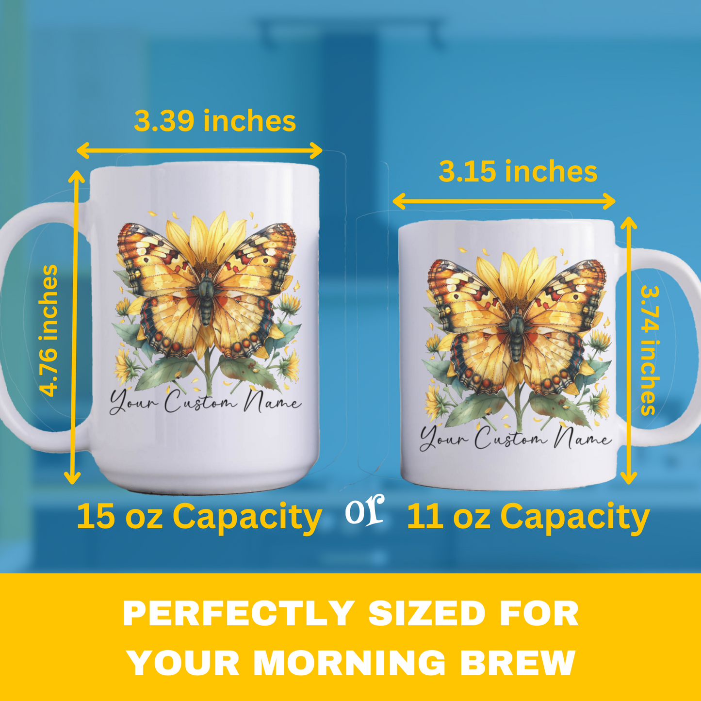 Personalized Sunflower Butterfly Mug – Custom 11oz Butterfly Design – Perfect for Women – Microwave & Dishwasher Safe – Multiple Colors