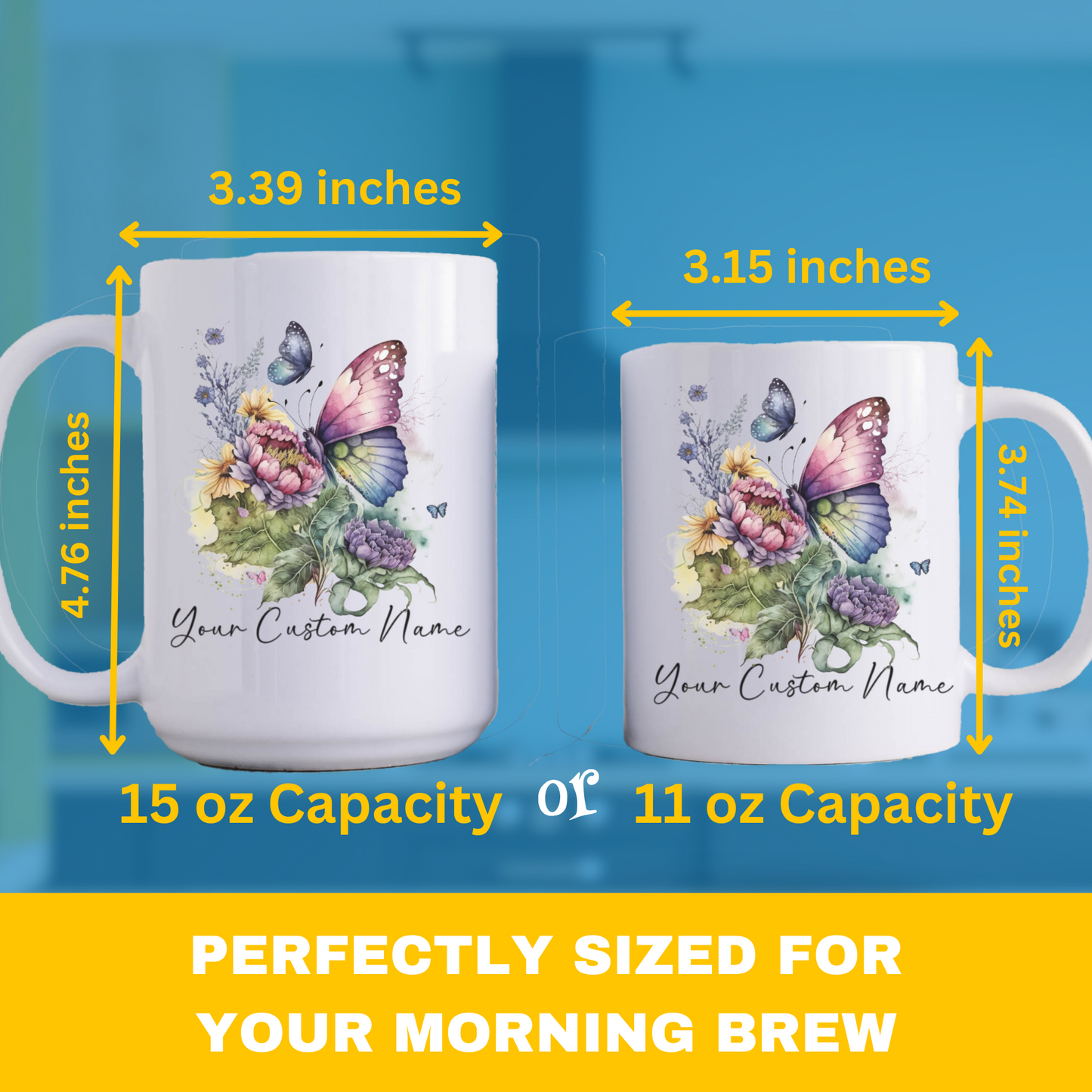 Custom Butterfly Coffee Mug – 11oz Personalized Coffee Mug with Name – Colorful Butterfly & Floral Design – Microwave & Dishwasher Safe