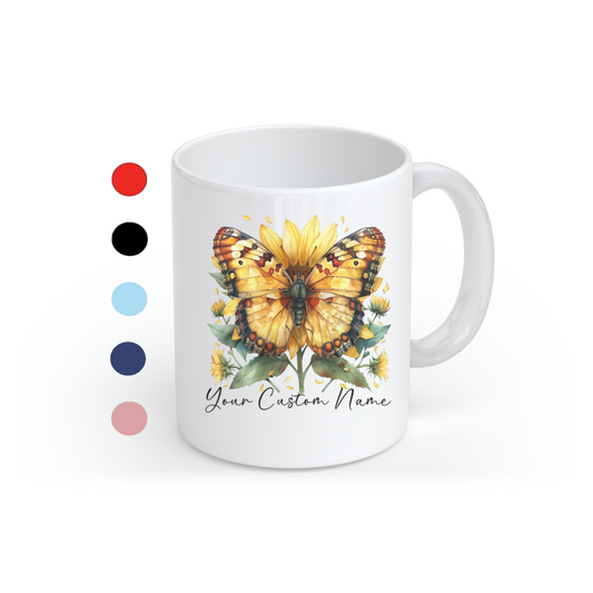 Personalized Sunflower Butterfly Mug – Custom 11oz Butterfly Design – Perfect for Women – Microwave & Dishwasher Safe – Multiple Colors